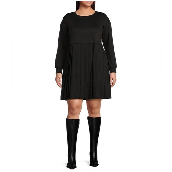 MOA MOA Plus Size 2X Black Long Sleeve Pleated-Skirt Fit & Flare Dress Knee NEW - Picture 1 of 12